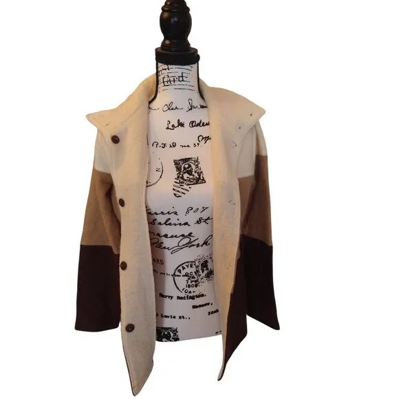 Vintage Appleseed Colorblock Wool Coat With Button Closure & Stand Collar - Size - Picture 7 of 11